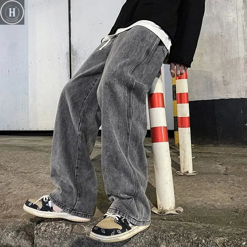 Korean Solid Colors Men's Casual Long Jeans Classic Man Four Seasons Straight Denim Wide-leg Pants Light Blue Grey Black 3XL Halalzen UK