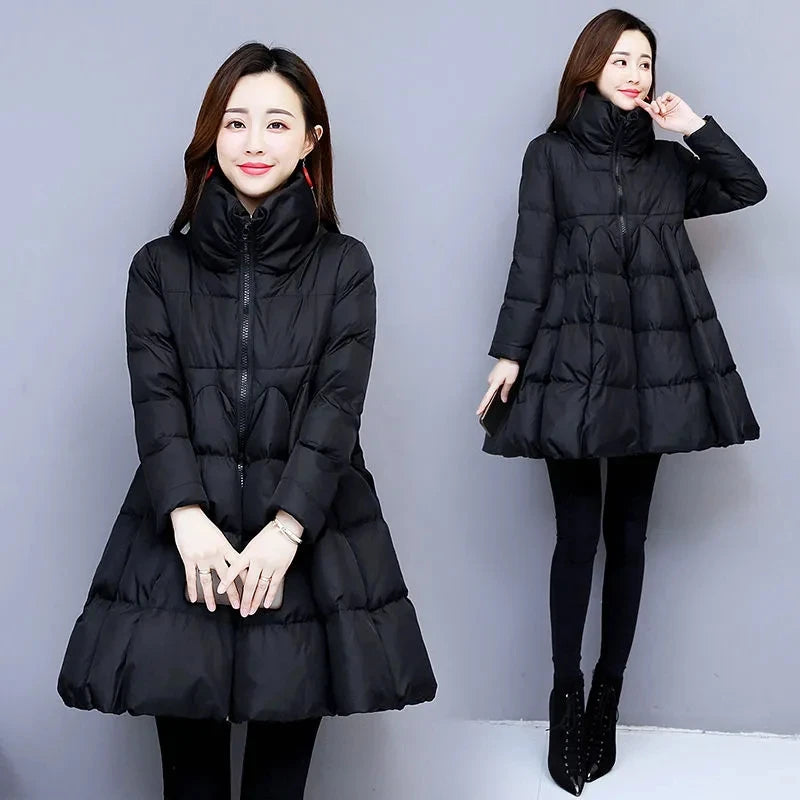 Womens Padded Down Jacket Long Loose Coat A-line Poncho Parkas Thick Skirt Cotton Outwaer Female Fashion New Winter Jacket