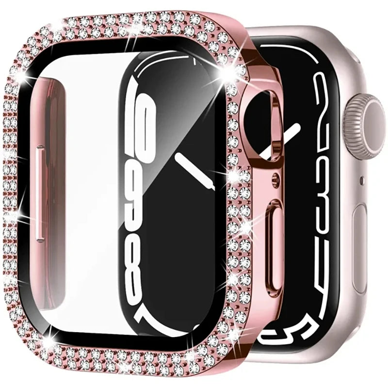 Glass+Diamond Cover For Apple watch case 46mm 40mm 44mm 41mm 42mm 45mm Bling Bumper Protector iWatch Series 11 10 9 SE 7 8 case