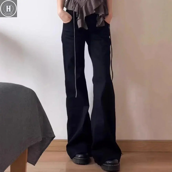 Plus Size American Style Spicy Girl Black Low Waist Wide Leg Micro Flared Jeans Women's Early Autumn Loose Fit Versatile Straigh Halalzen UK