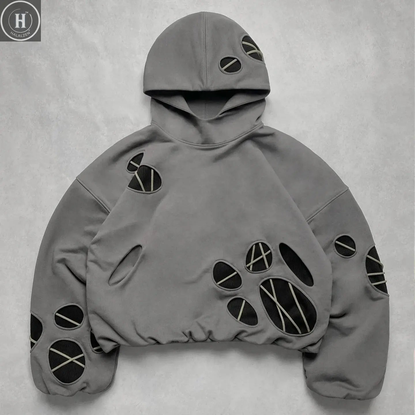 Harajuku Hoodie Men Streetwear American Loose Fit Pullover Sweatshirt Distressed Hole Design Retro Hip Hop Style Autumn Winter HALALZEN