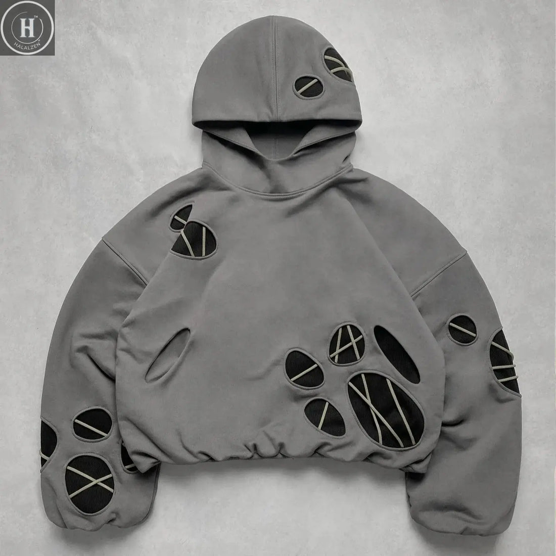 Harajuku Hoodie Men Streetwear American Loose Fit Pullover Sweatshirt Distressed Hole Design Retro Hip Hop Style Autumn Winter HALALZEN