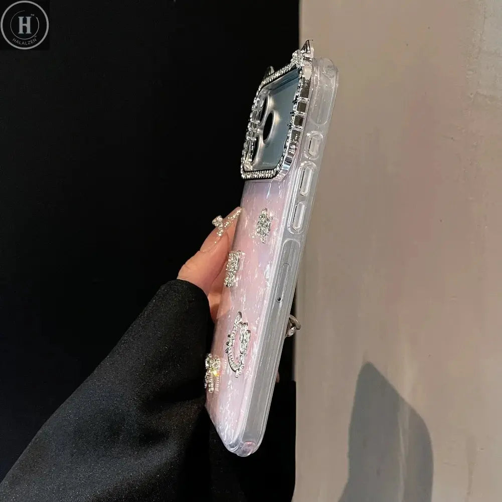 Cute Ear Bow and Butterfly Lens Rhinestone Frame Case for iPhone 17 Pro Max 17 Pro Air 16 Pro 15 14 + 13 Pro 12 11 Protect Cover Halalzen UK