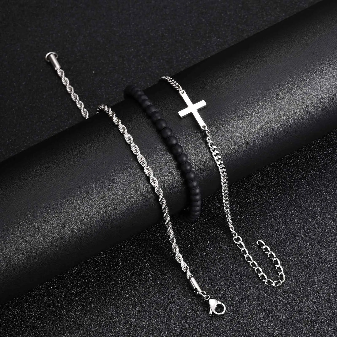 3pcs Stylsh Cross Men's Bracelet,Punk Stainless Steel Stacked Chain Link Wristband,Birthday Anniversary Gift for Him