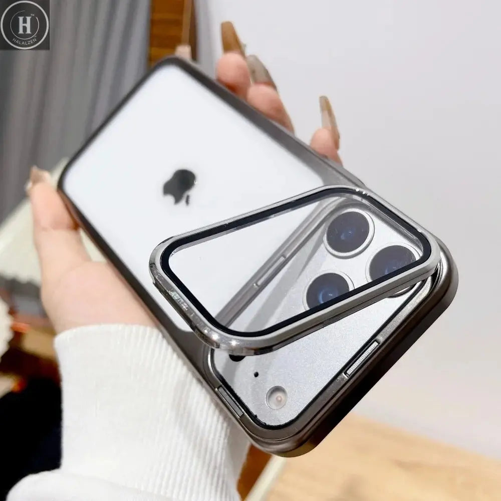 Plating Fold Glass Camera Stand Holder Phone Case For iPhone 17 17Pro 17Air 17 Pro Max Ultra Thin Transparent Shockproof Cover Halalzen UK