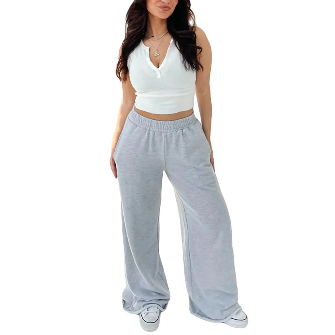 Women s High Waist Wide-Leg Pants in Solid Color Elastic Waistband Loose Fit Casual Fall Sweatpants with Straight Bottoms Halalzen UK