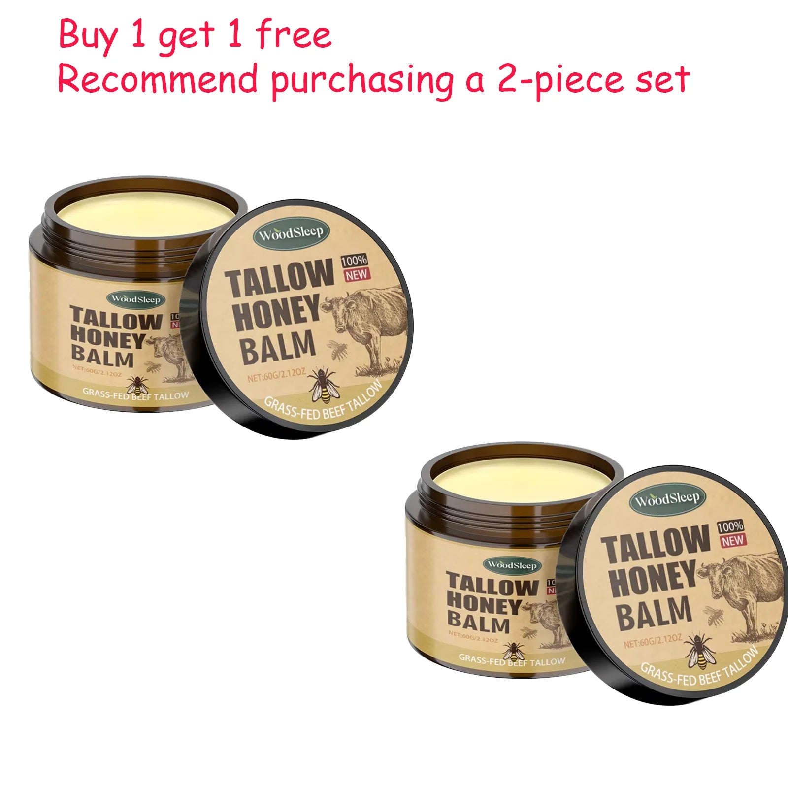 WoodSleep 60g Beef Tallow Honey Face Moisturizer - Intense Hydration for Dry Skin, Anti-Chapping Winter Skincare for Women & Men