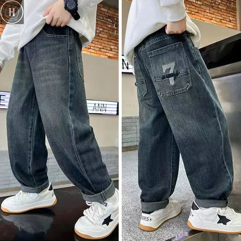 Boys Plush Warm Jeans Autumn Winter Kids Fashion Embroidered Letter Denim Pants Casual Loose Straight Trousers for 5-14 Years HALALZEN
