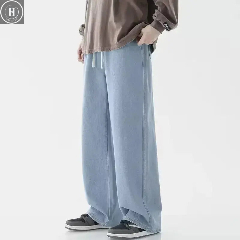 Men's Winter Fleece Loose Jeans  Elastic Waist Wide Leg Y2K Denim Pants Straight Comfortable Brand Men's Clothing HALALZEN