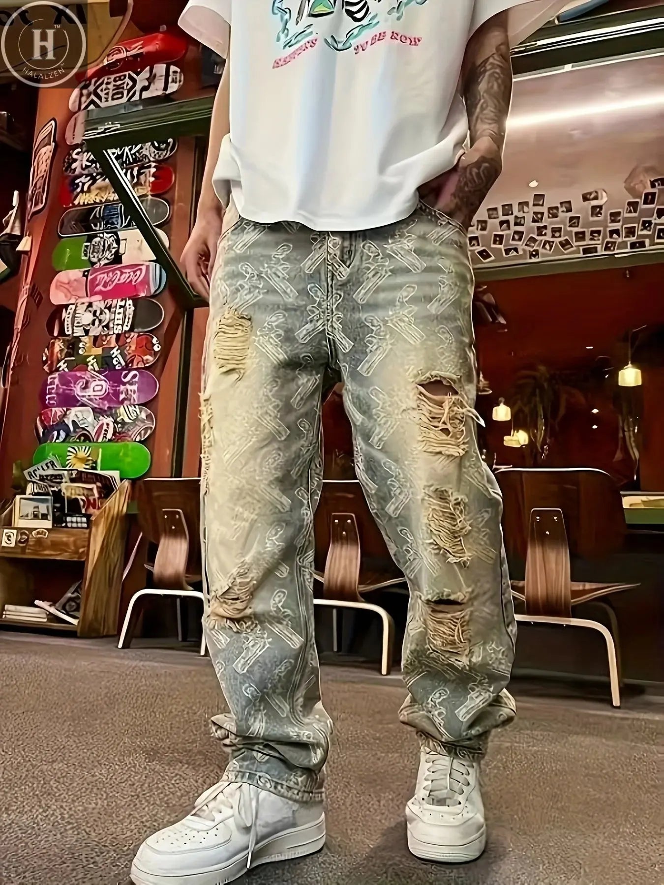 American-Style Street Washed Distressed Ripped Jeans for Men, Spring and Autumn Straight-Leg Loose European and American High Street Vibe Long Pants Halalzen UK