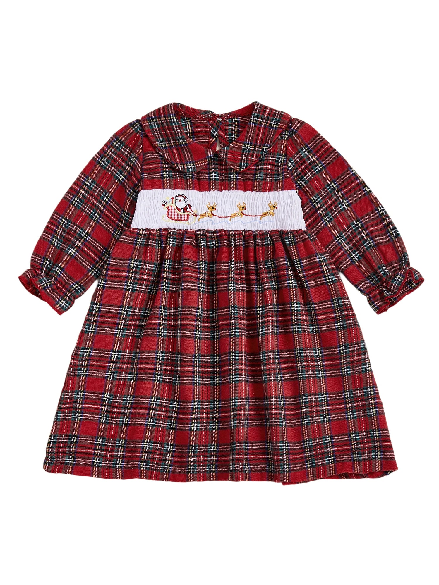 Christmas Plaid Dress with Santa and Reindeer Embroidery Doll Collar Long Sleeves A-line Silhouette - Adorable Winter and