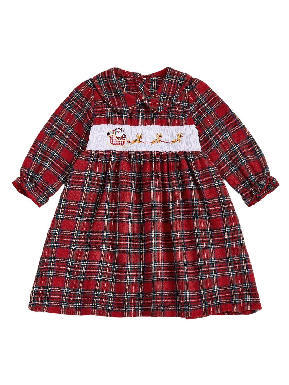 Christmas Plaid Dress with Santa and Reindeer Embroidery Doll Collar Long Sleeves A-line Silhouette - Adorable Winter and