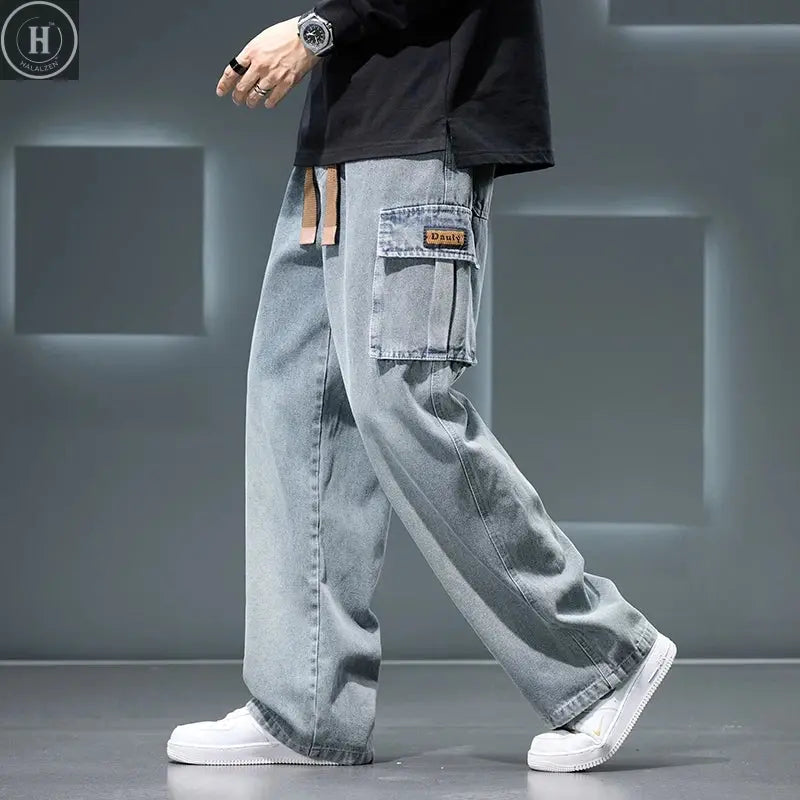 Autumn New Wide Leg Washing Jean Pants Men Trousers Neutral Solid Color Loose Casual Fashion Pocket Cargo Pants Big Size 8xl HALALZEN