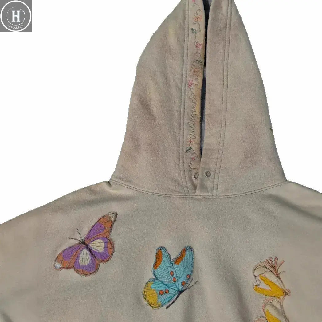 American Retro Y2K Embroider Butterfly Hoodie Women Floral Pullover Hoodie Sweatshirt Casual Fashion Tops Colorful Pattern Coats HALALZEN