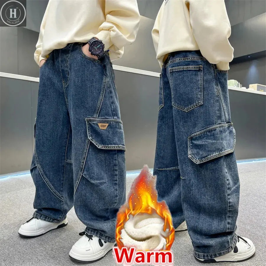 Elegant Children Boy Warm Thermal Cargo Jeans With Pocket Winter Trousers with Fleece Lined Thick Insulated Denim Pants 5-14 Y HALALZEN