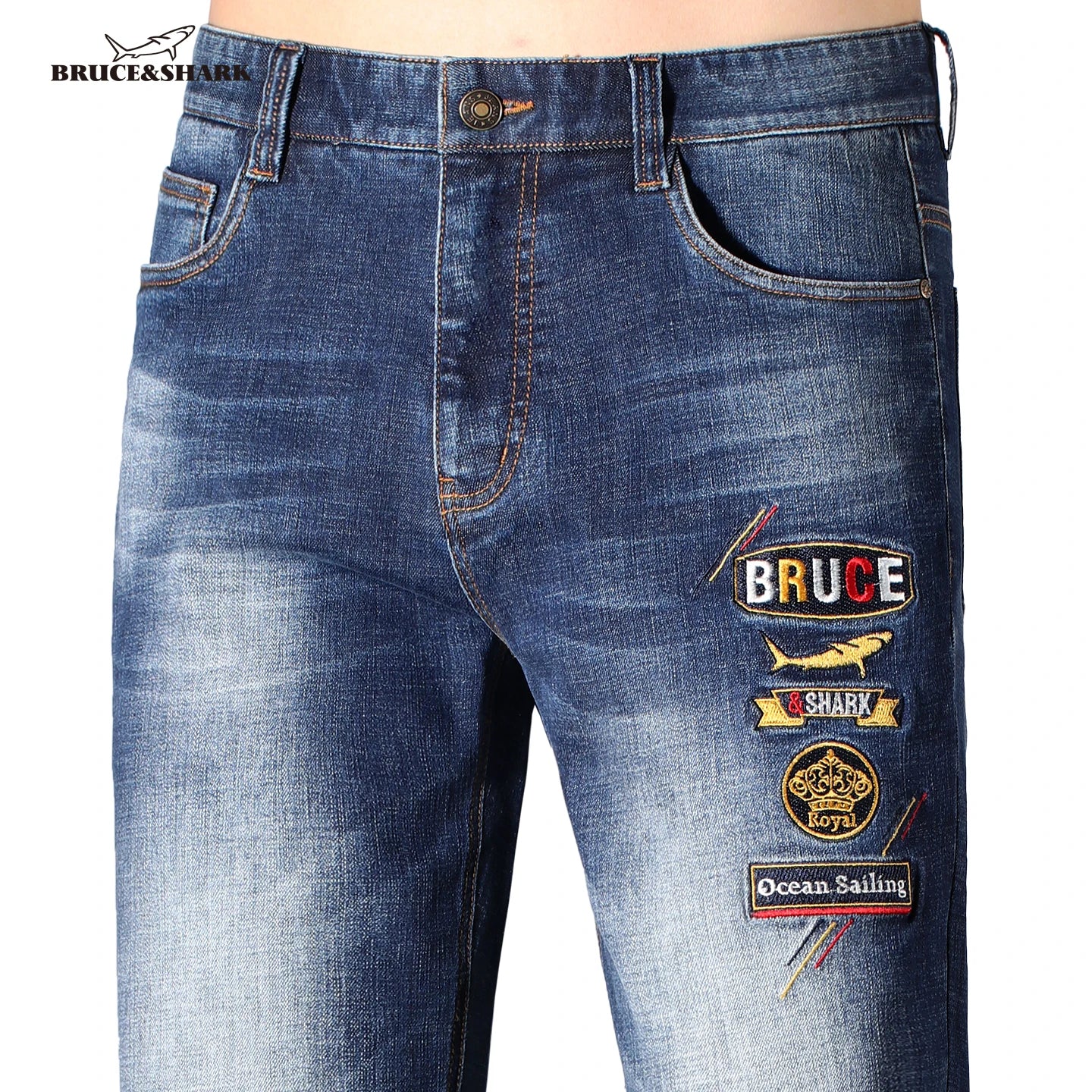 2025 Stretch Men's Jeans, New Trend Embroidered Blue Jeans, Bruce&Shark Loose Straight Leg Jeans For Man, Thick Cotton Big Size