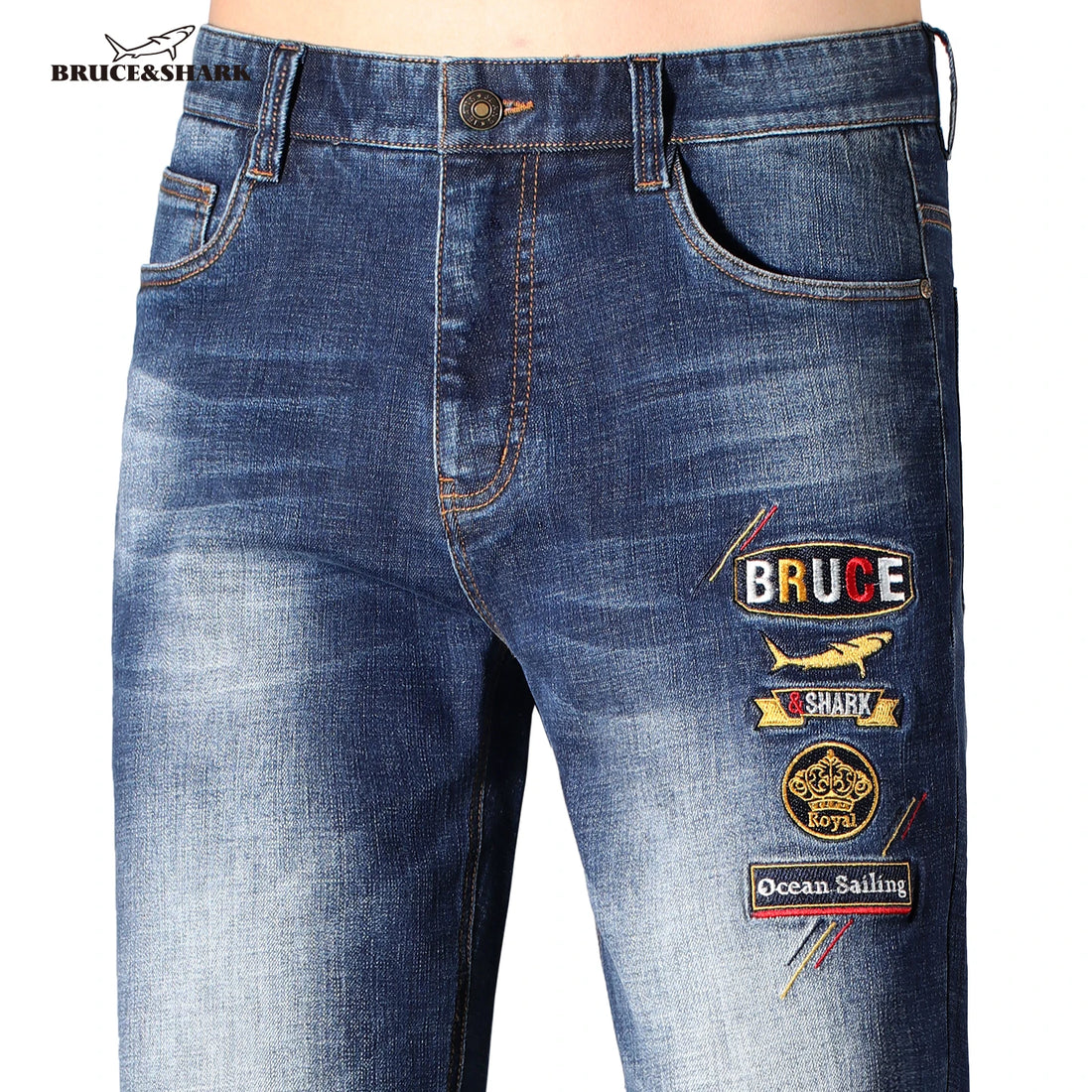 2025 Stretch Men's Jeans, New Trend Embroidered Blue Jeans, Bruce&Shark Loose Straight Leg Jeans For Man, Thick Cotton Big Size