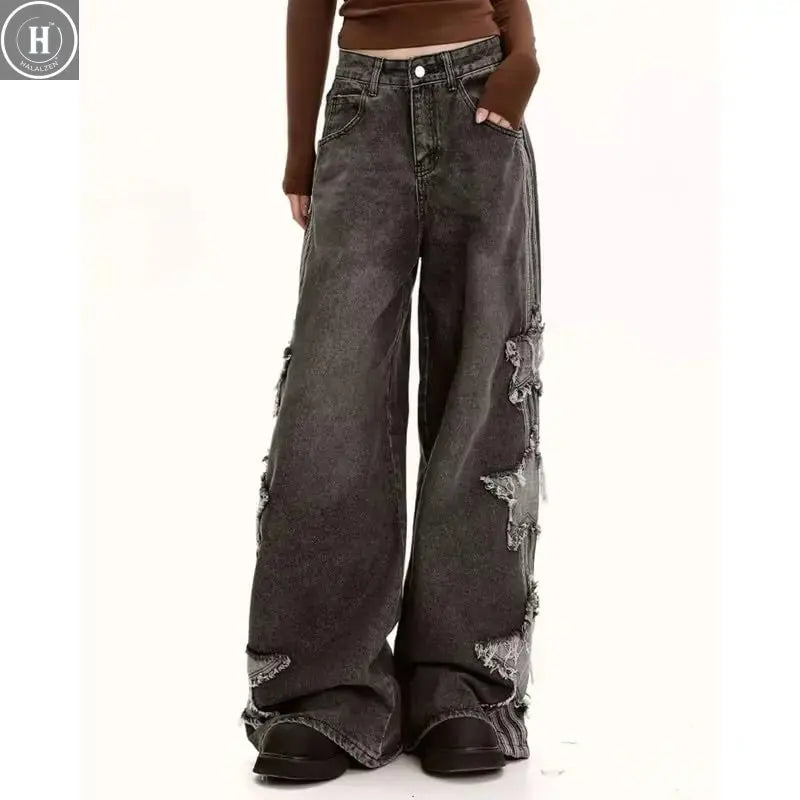 Star Jeans for Women Girls Baggy Cute Patchwork Denim Pants Y2k High Waisted Jeans Grunge Aesthetic Clothes Halalzen UK