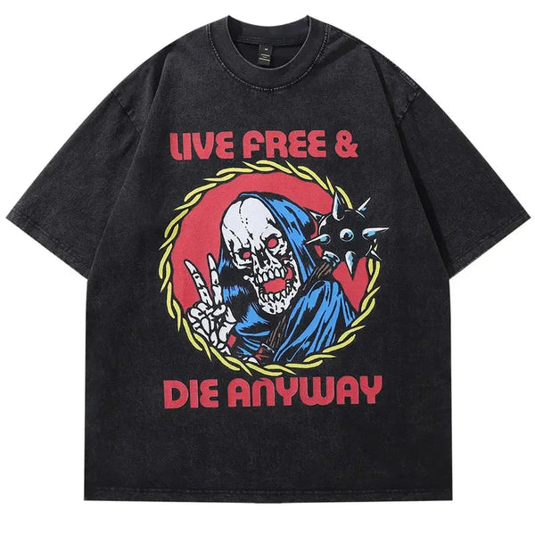 Funny Black Oversized Tshirt Vintage Skull Graphic Print Washed T-Shirt Hip Hop Punk Gothic Loose Shirts 2024 Harajuku Tee Tops