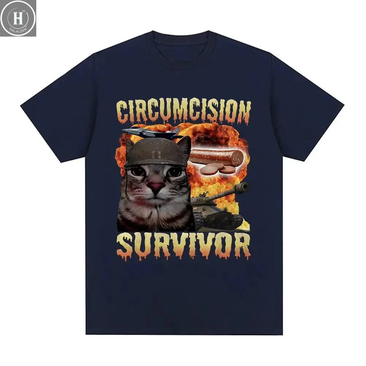 Circumcision Survivor Funny Cat Meme T Shirt Men Women Vintage T-shirts Casual Cotton Short Sleeve Oversized T-shirts Streetwear HALALZEN