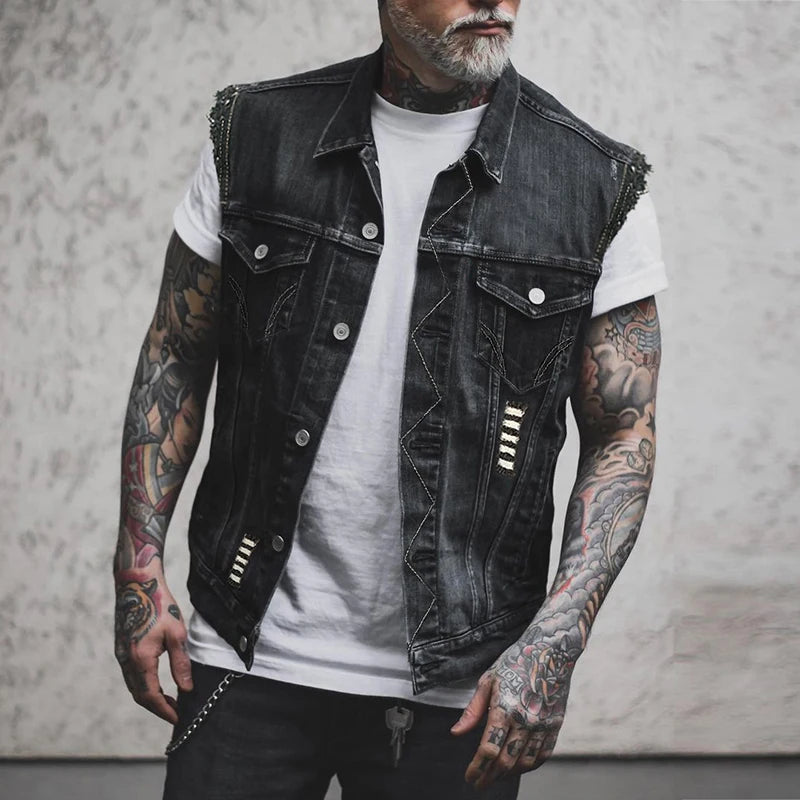 Rock Punk Style Skull Printed Denim Vest Jacket Men Vintage Ripped Buttoned Lapel Waistcoats Mens 2026 Spring Fall Jean Jackets