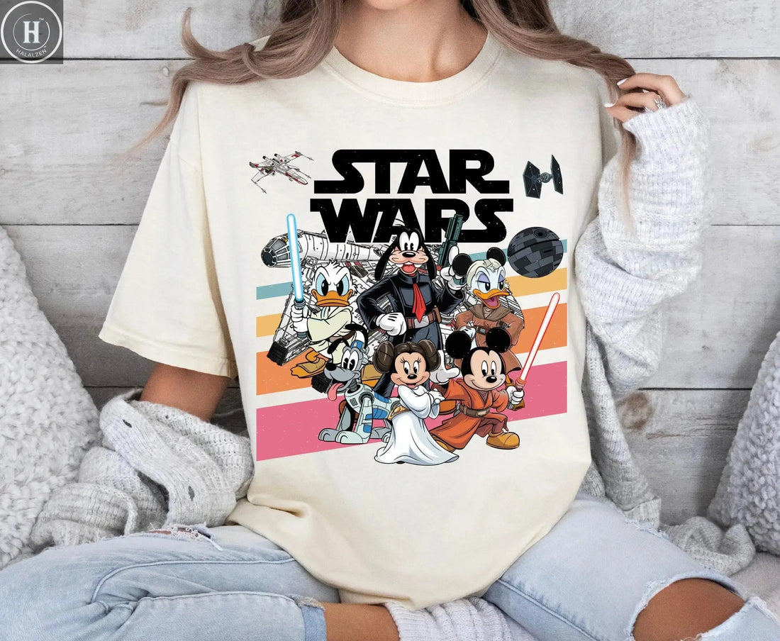 2025 Summer Retro Disney Mickey and Friends Star War Shirt May The 4th Be with You Shirt Disney 100% Pure Cotton Printed T-shirt HALALZEN