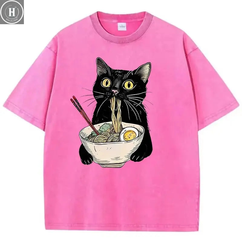 Unisex Hip Hop T Shirt Vintage Washed 100% Cotton T-Shirt Black Retro Cat Eating Ramen Graphic Tee Casual Streetwear HALALZEN