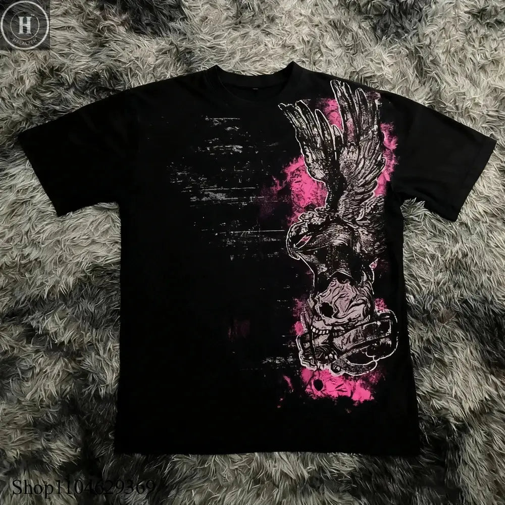 Classic Y2K Gothic Style T-shirt Print Oversized T Shirt High Street Shirts Gothic Round Neck Cotton Tops New Mens Women T Shirt HALALZEN