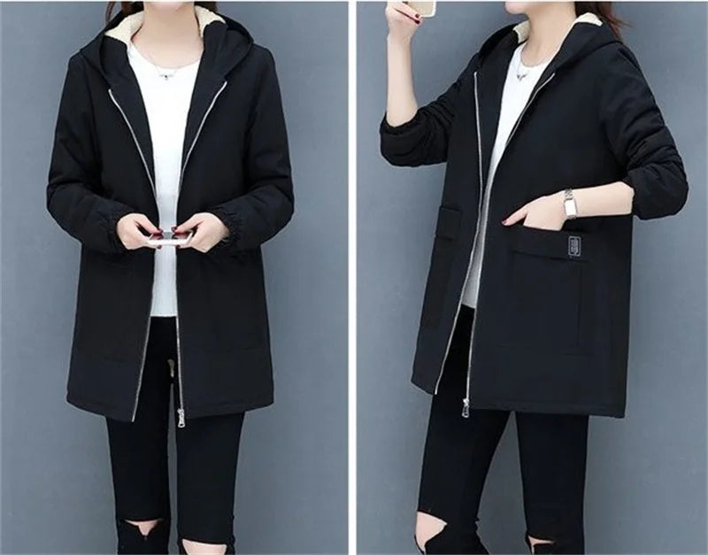 2024 New Winter Jacket Cotton Warm Puffer Coat Women Casual Parkas With Lining Plush hooded trench Outwear Women's Clothes