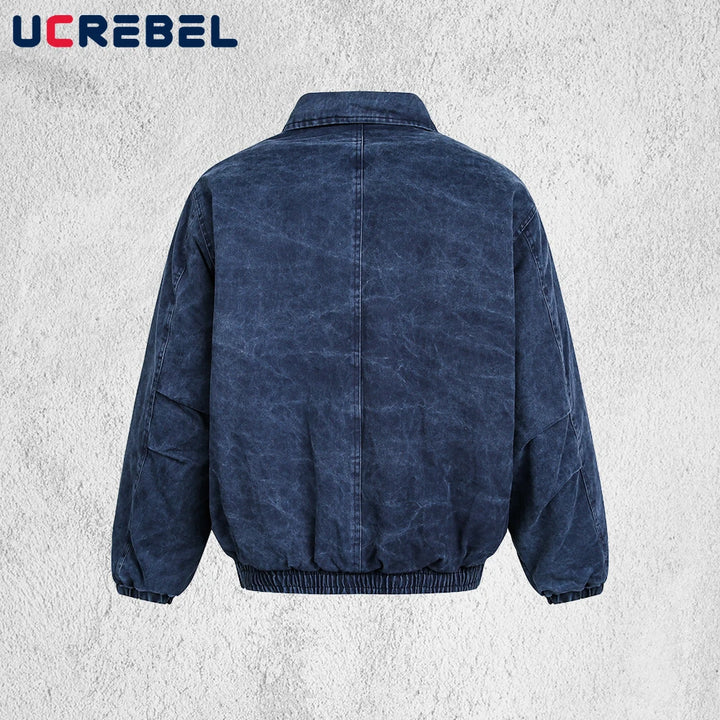 Pocket Denim Quilted Jacket Mens Winter High Street Washed Distressed Thick Lapel Long Sleeve Padded Jacket Man