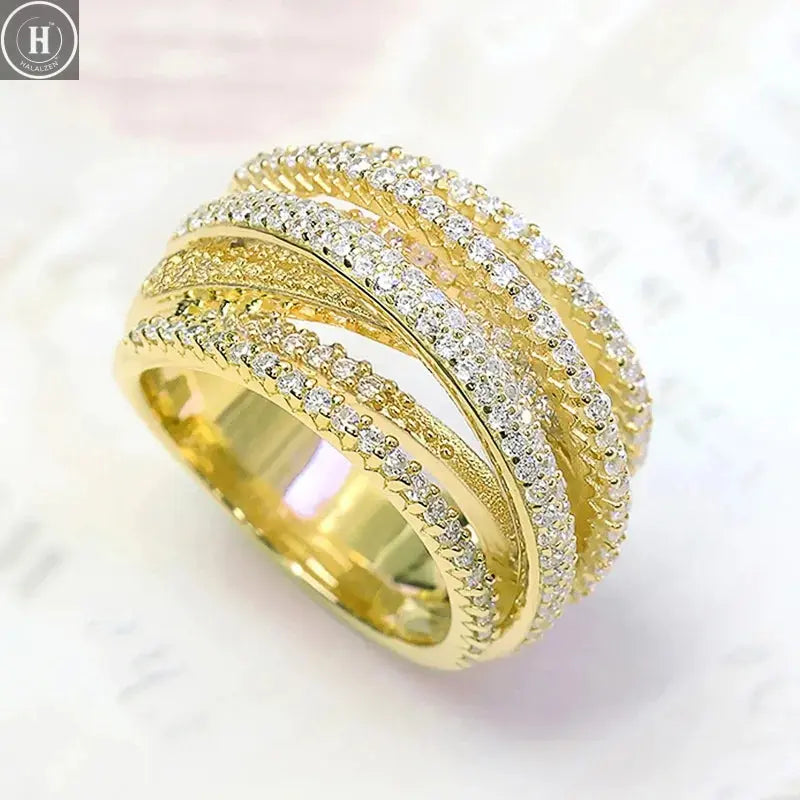 Luxury Female Rings 925 Sterling Silver Multi Layered Cross Ring for Women Micro Inlaid Zircon Promise Love Engagement Jewelry HALALZEN