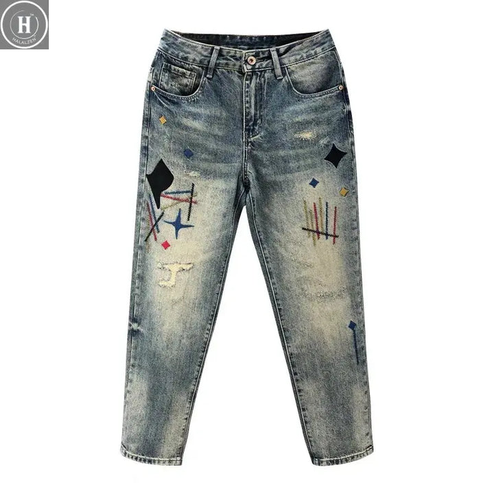 Japanese And Korean New Retro Men'S Jeans Embroidered Print Tapered Jeans Straight Leg Jeans Y2k Baggy Pants Halalzen UK