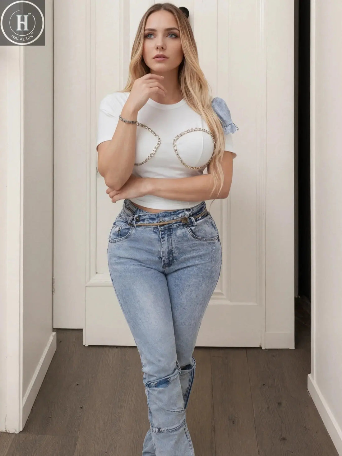 Women's high-waisted slim-fit stretch denim pants with a cross waistband and multi-pocket design, street-style jeans Halalzen UK