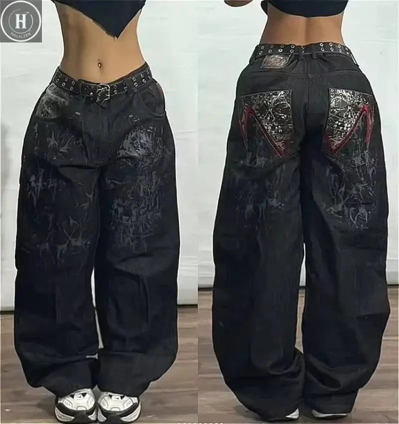 American Street Trend Letter Embroidered Loose Jeans Men Harajuku Y2K New Hip Hop Oversized Wide-leg Pants Unisex Mopping Jeans HALALZEN