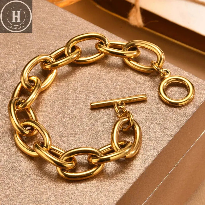 Chunky Bold Toggle Bracelets for Women, Stainless Steel OT Buckle Link Chain Bracelet Gold Plated Tarnish Free HALALZEN