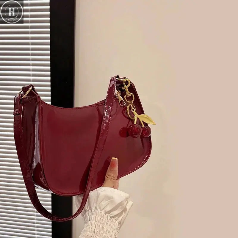 Solid Color PU Leather Women Shoulder Bags Fashion Ladies Cherry Pendant Handbags Purse Casual Design Female Hobos Underarm Bag HALALZEN