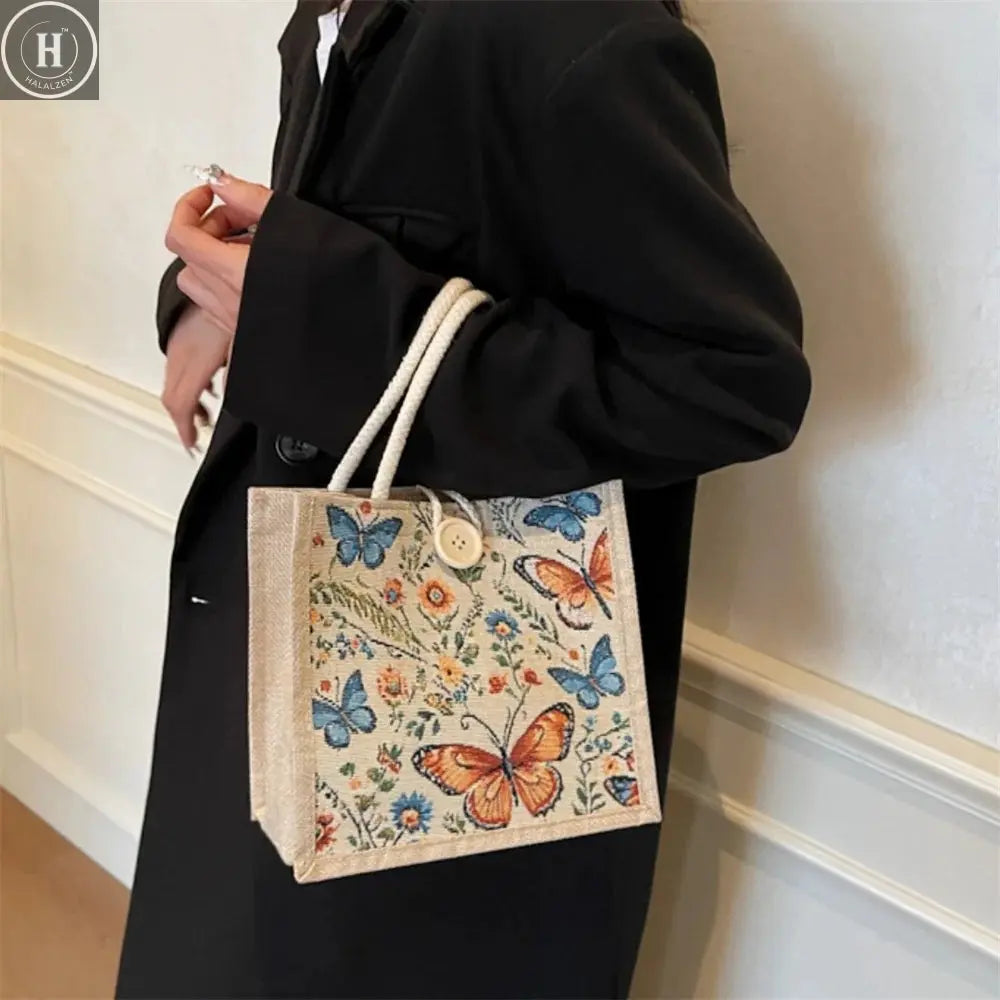 Fashion Linen Small Handbag Butterfly Printed Canvas Bag Party Gift Packing Bag Women Small Tote Bags Portable Shopping Bag HALALZEN