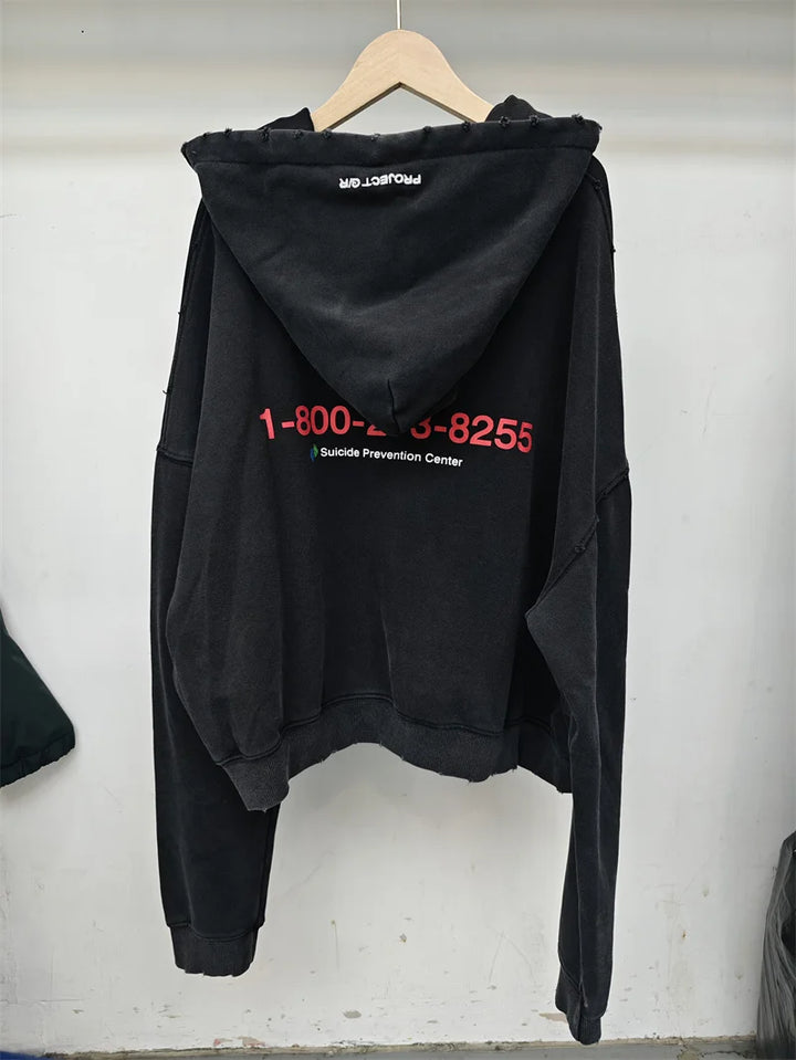 Retro Black PROJECT G/R Zipper Hoodie Wear Out Loose Casual Men's