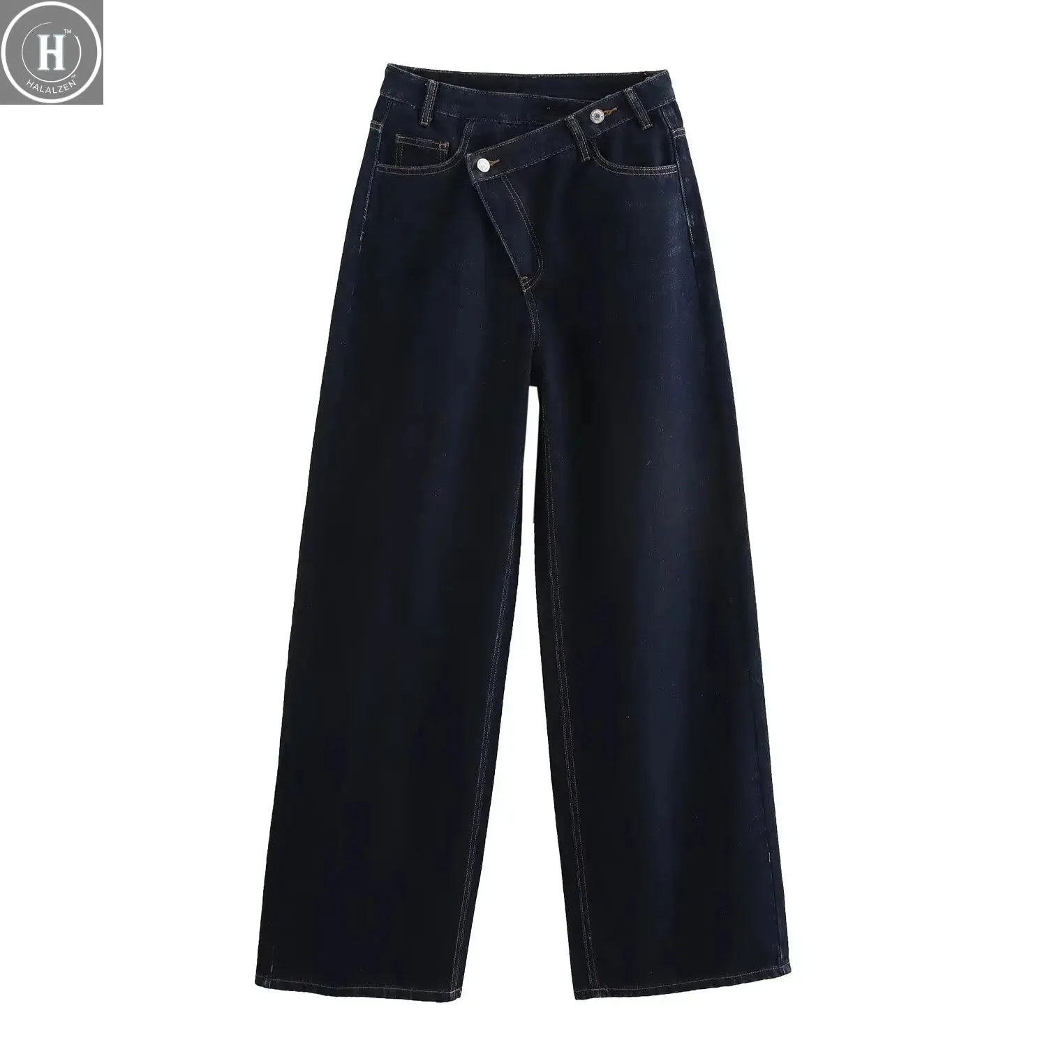 HH Women's Street Fashion Wide-leg Jeans Double-clad Pants With Pockets High Waist Solid Asymmetric Retro Straight Trousers Halalzen UK