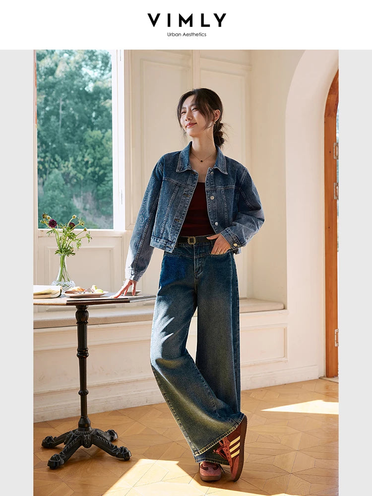 VIMLY Women's Cropped Denim Jacket 2025 Autumn Vintage Washed Jeans Jacket Casual Loose Female Outerwear Woman Clothing 73916