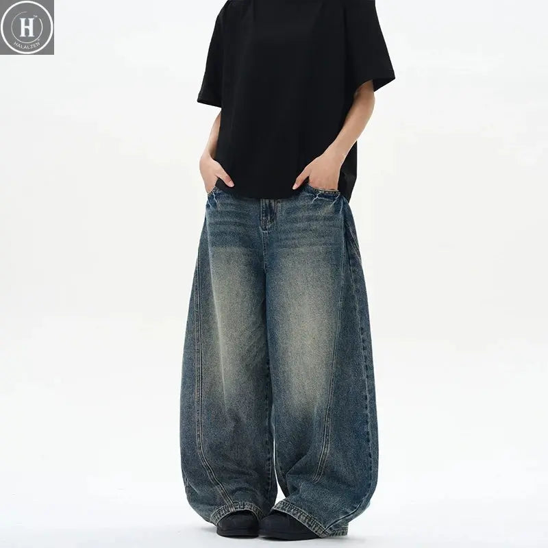 2025 Spring New Men's Jeans Oversized Wide Leg Pants Loose Vintage Patchwork Lightning Cracked Denim Trousers Streetwear Male HALALZEN