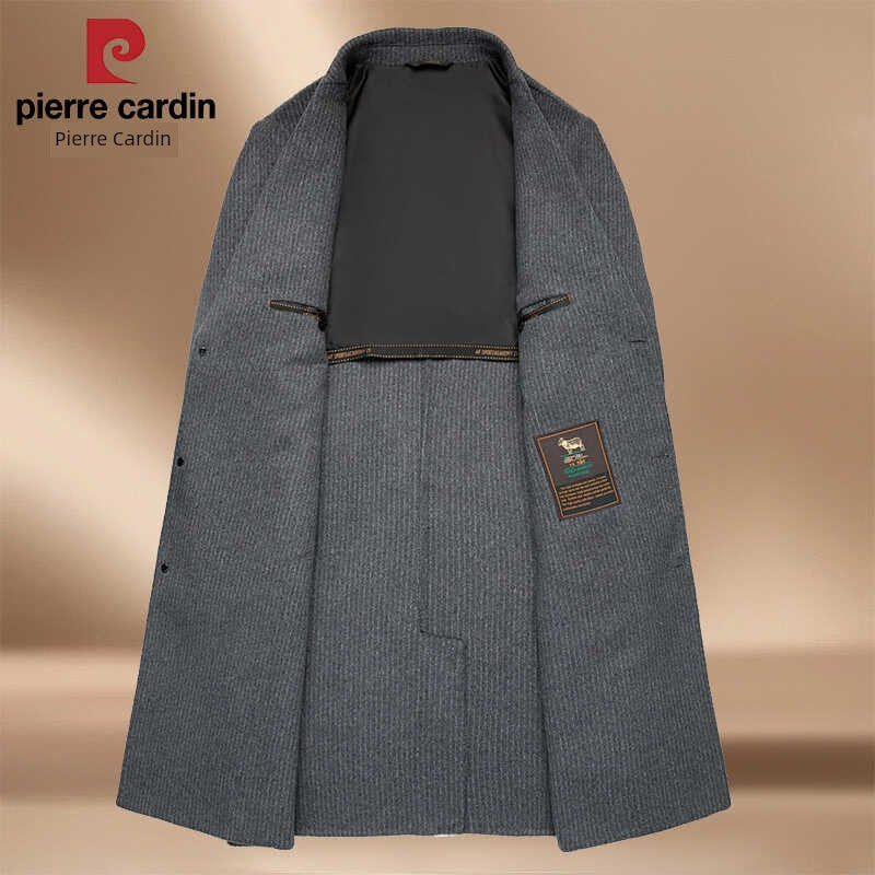 Pierre Cardin Hand-Stitched Wool Reversible Woolen Coat Closure Collar Casual Stripes Long Trench Coat Men