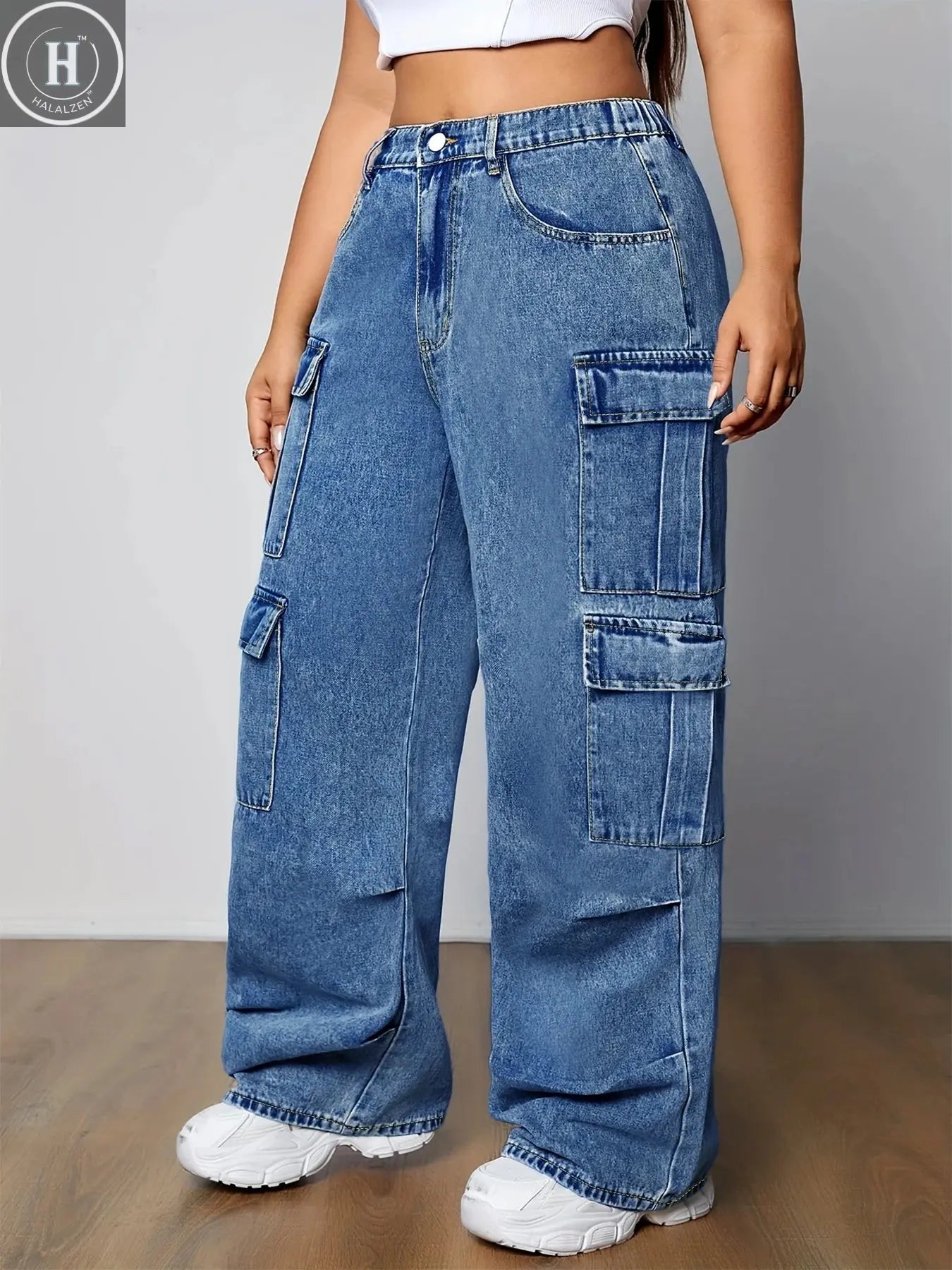 plus Size Women's Workwear Straight Leg Jeans Casual Double Pocket Elastic High Waist Wide Leg Denim Trousers Halalzen UK