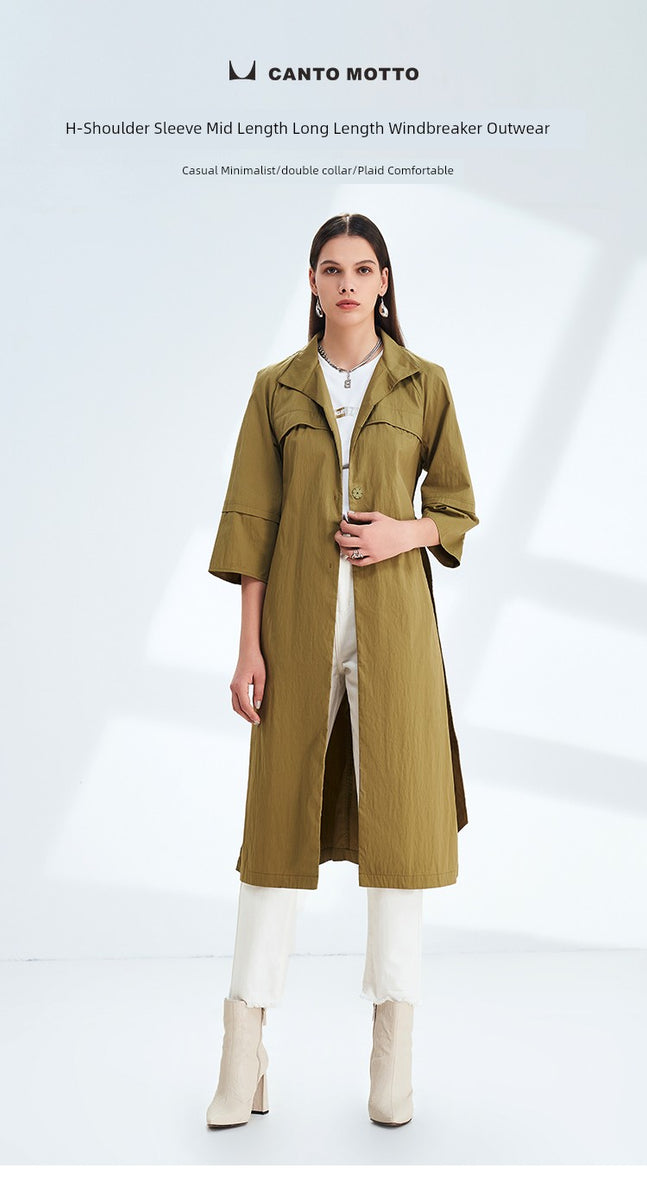 Canto Motto Fog Channel 2023 Spring New Green H-Type Drop Shoulder 3/4 Sleeve Mid Length Long Length Trench Coat Outwear