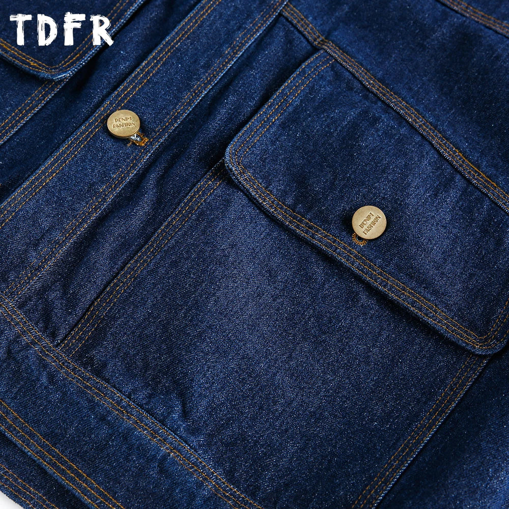 Multi-Pocket Spliced Lapel Denim Jacket Mens Topstitch Retro Casual Autumn Single Breasted Long Sleeve Outerwear Man