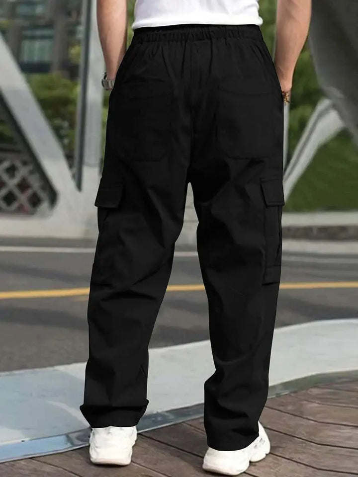 Men s Loose Cargo Long Pants Solid Color Drawstring Waist Straight Leg Trousers Casual Work Pants with Pockets Halalzen UK