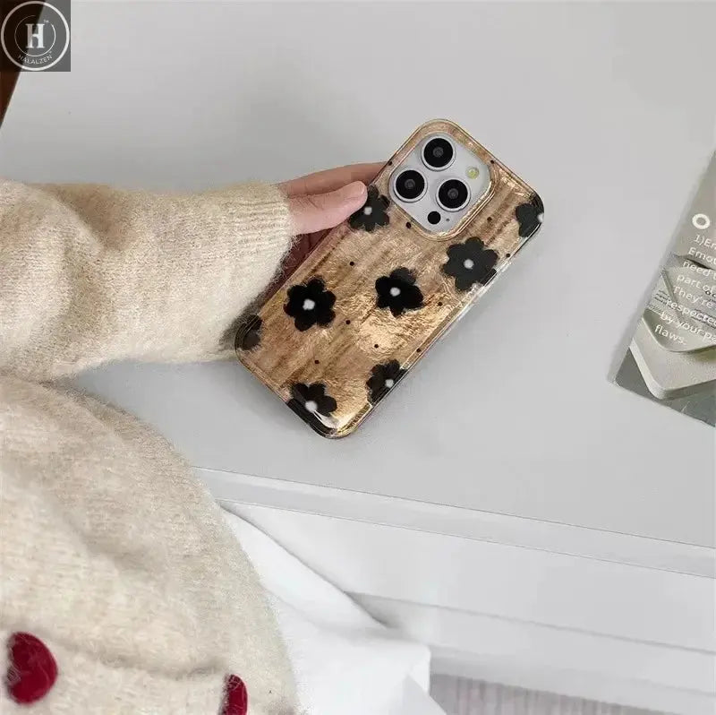 Retro Brown Black Spots Flowers Tinfoil Pattern Phone Cover Case for IPhone 17 16 16e 15 14 13 12 11 Pro Max 14 Plus 16E Cover Halalzen UK