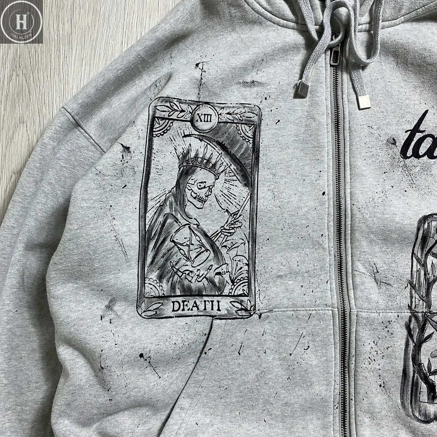 Mysterious tarot card printed hooded sweatshirt retro old splash ink Indonesian slogan trendy cardigan HALALZEN