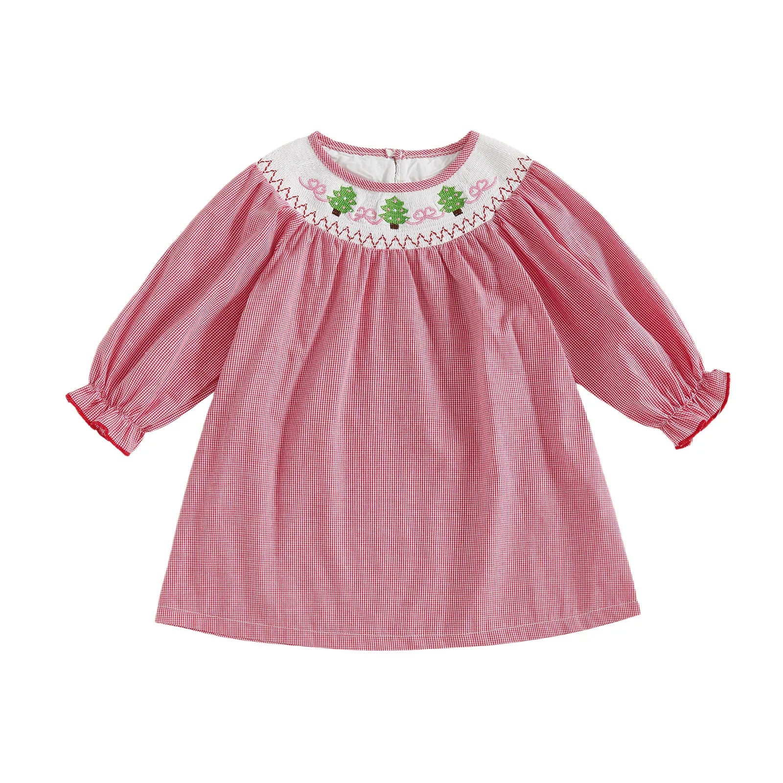 Christmas Toddler Girl Dress with Festive Tree Embroidery Mock Neck Long Sleeves and Plaid Print - Holiday A Line Dress