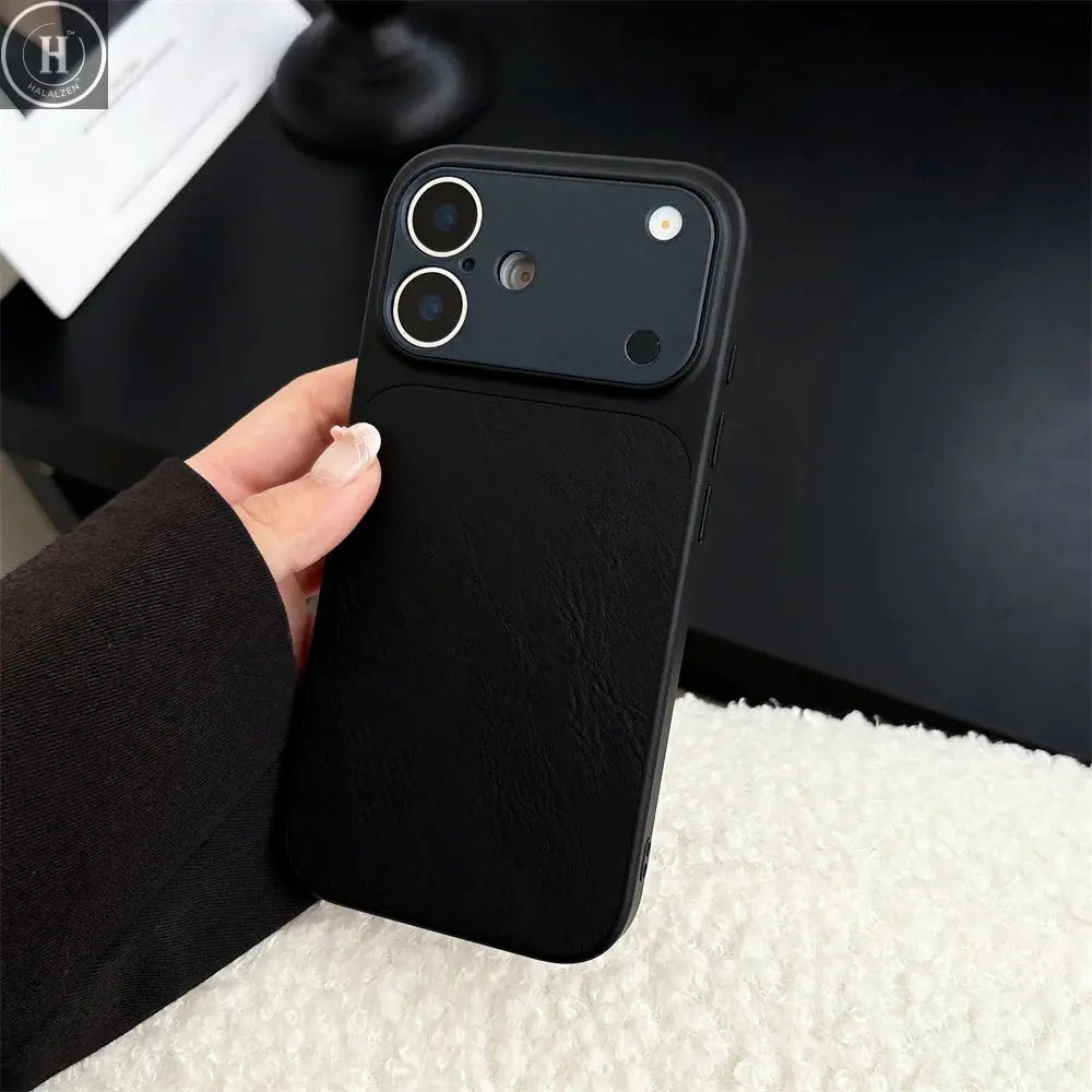 Luxury Large Window Leather Phone Case For iPhone 17 16 15 14 13 Pro Max Lens Protection Matte Shockproof Plating Back Cover Halalzen UK